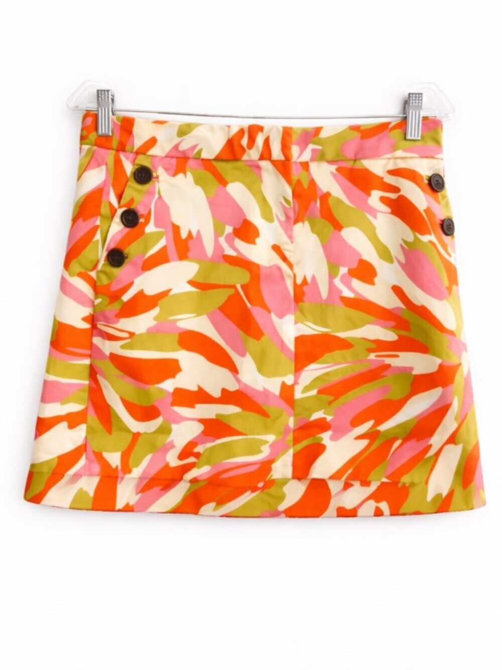 J. Crew Mod Camo Mini Skirt Size 4 Pink Orange Button Accent Lined Pockets
